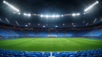 An empty professional soccer stadium with vibrant green grass and blue seats, brightly illuminated by floodlights for a night game - Powered by Adobe