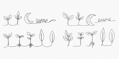 Continuous line art set depicting plant growth stages, including sprouts, leaves, and roots, with abstract nature elements.