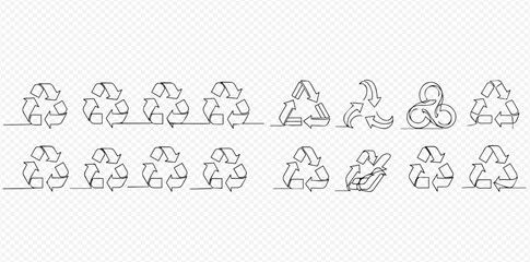 Continuous line art drawing of various recycling symbols and icons on a transparent background.