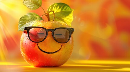 Cheerful Fruit with Sunglasses and a Happy Face, Reflecting Joy and Playfulness Against a Colorful Background Radiating Warmth and Light