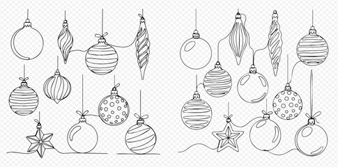 Hand-drawn sketch of various Christmas ornaments including balls, icicles, and a star, with striped and dotted patterns, on a transparent background.