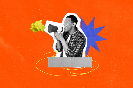 Image poster trend collage of happy american man activist scream megaphone proclaim news rebellion demonstration volunteer