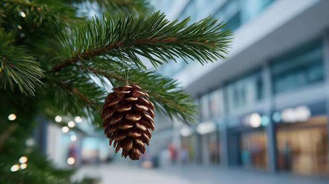 Pinecone on evergreen branch in urban winter setting