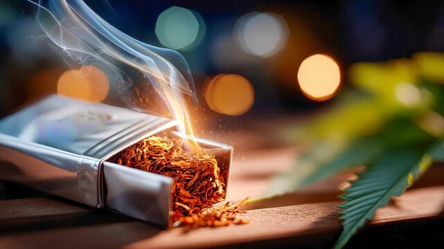 Close-up of an opened cigarette pack on wooden surface with smoke rising and blurry warm alcohol glass in the background