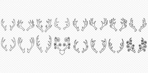Collection of various deer and reindeer antler outlines in a line art style, featuring diverse shapes and decorative elements.