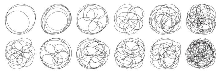 Abstract messy scribble circle. Oval highlight by pen, marker, brush, crayon, pencil. Hand drawn scribble. Circular doodle sketch scribbles round. Doodle Swirl Circle Set Line Art Collection