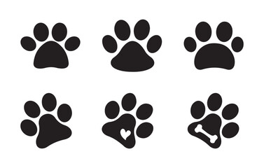 Paw print set dog or cat pet animal footprints vector icon collection with heart and bone