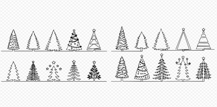A collection of various Christmas tree designs in a continuous line art style, featuring minimalist outlines and some decorated with stars and ornaments.