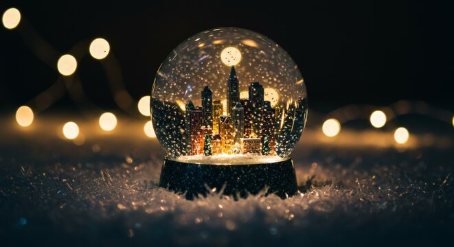 Snow globe with glowing miniature city in soft winter light
