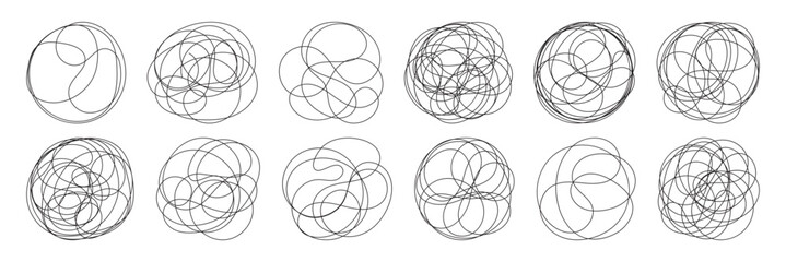 Messy round scribble circle. Charcoal pen round ovals. Hand drawn doodle grunge circle highlights. Ellipses pencil doodle style set. 