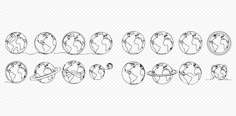 Hand-drawn doodle style illustrations of Earth globes, some with connecting lines and rings, on a transparent background.