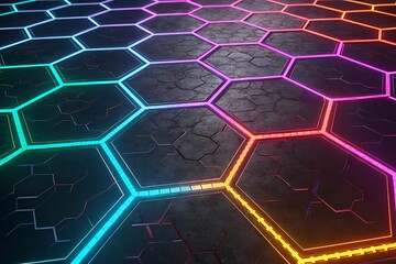 Vibrant neon hexagonal grid with futuristic glow