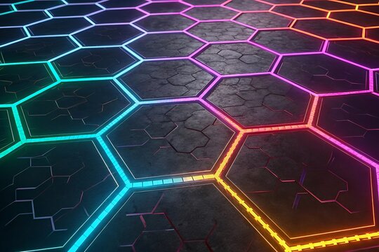Vibrant neon hexagonal grid with futuristic glow