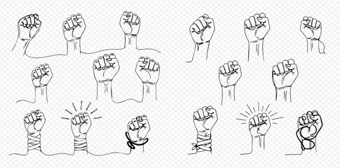 Obraz premium Continuous line art illustrations of raised fists symbolizing protest, unity, and strength against oppression.