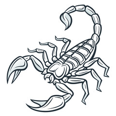Stylized black and white line art illustration of a scorpion with its tail raised in a menacing pose