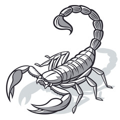 Stylized black and white illustration of a fierce scorpion with claws raised and tail curved upwards