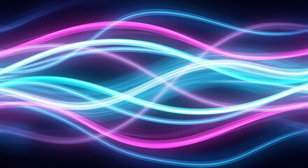 Fototapeta premium Vivid blue and pink neon light waves flowing dynamically on a dark background, creating a futuristic abstract energy pattern