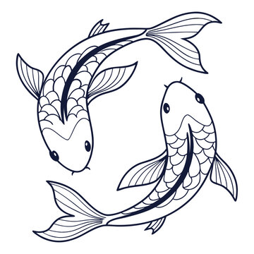 Two stylized koi fish swimming in a circular yin yang pattern against a white background