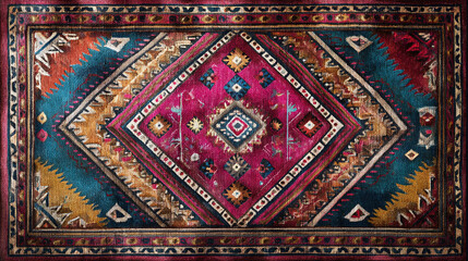 An intricately designed rug featuring vibrant geometric patterns and rich textures