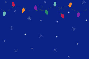 Seamless pattern with Colorful Christmas Lights and Falling Snowflakes on Deep Blue Background