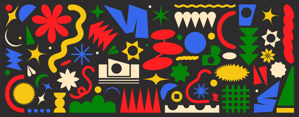 Bold abstract shapes create a vivid playful composition with dynamic contrast. The artwork shows colorful forms on dark background. This piece suits creative themes