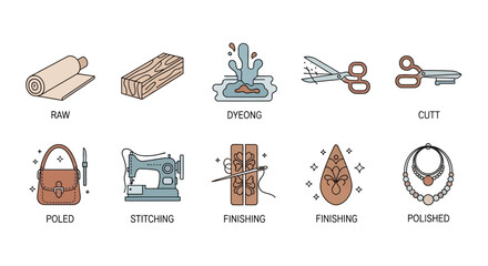 Set of icons representing the stages of leather production and crafting.