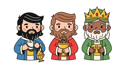 Whimsical three kings illustration, a festive and cheerful depiction of the Magi's adoration