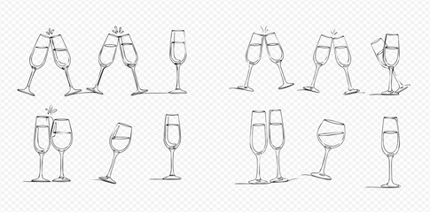 Hand-drawn sketch set of champagne glasses, some toasting, some standing, and some tilted, for celebration and party designs. © Lunara Arts