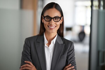 Confident businesswoman with glasses and suit smiling in office setting looking at the camera