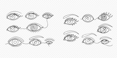 A collection of abstract and surreal eye drawings in a continuous line art style, perfect for artistic projects.