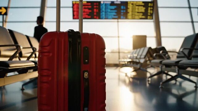 Business traveler walking past red suitcase in modern airport terminal 4k video