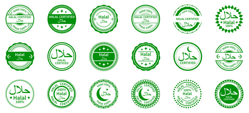 Halal labels form a clean green collection with bold symbolic shapes. Each emblem shows balanced outlines and clear meaning