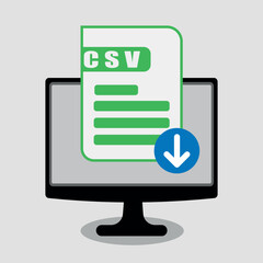 CSV file download icon on computer screen, representing data import or export, vector graphic