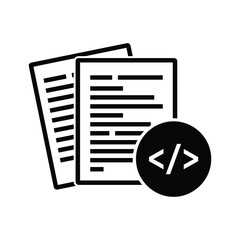 Black coding symbol on circle next to stacked documents icon code programming