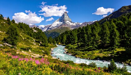 Majestic mountain peak rises over lush valley with a flowing river and vibrant flowers on a bright, sunny day