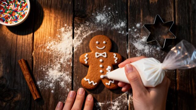 Close-up of hands decorating a gingerbread man cookie with white icing on a rustic wooden table. Baking tools, cinnamon sticks, star-shaped cutter, and colorful sprinkles add a festive touch.