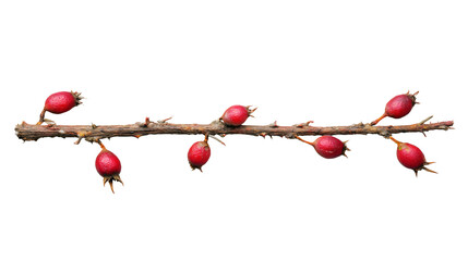 A prickly wild rose branch with red berries isolated on a plain background, a dry thorny twig with rose hips, a natural autumn decoration, a herbal tea ingredient, a vitamin C fruit.