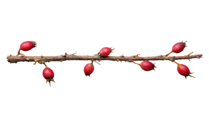 A prickly wild rose branch with red berries isolated on a plain background, a dry thorny twig with rose hips, a natural autumn decoration, a herbal tea ingredient, a vitamin C fruit.