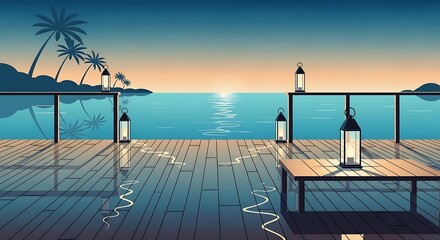 Fototapeta premium Scenic ocean vista from wooden deck with stylish lantern illumination