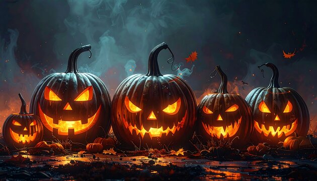 Line of glowing jack-o'-lanterns with sinister carved faces amidst smoky Halloween atmosphere, orange light