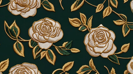 Elegant Embroidered White and Gold Roses on Dark Green Fabric