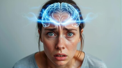 Young woman experiencing mental pressure. Conceptual video showing brain activity with electrical pulses. - Powered by Adobe