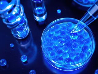 Microscopic blue spheres manipulated in advanced science lab