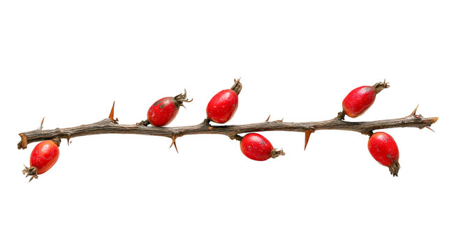 A dry thorny branch with red rose hip berries isolated on a white background, a wild rose twig for autumn decoration, a natural dog rose plant with fruit, a herbal medicine ingredient.