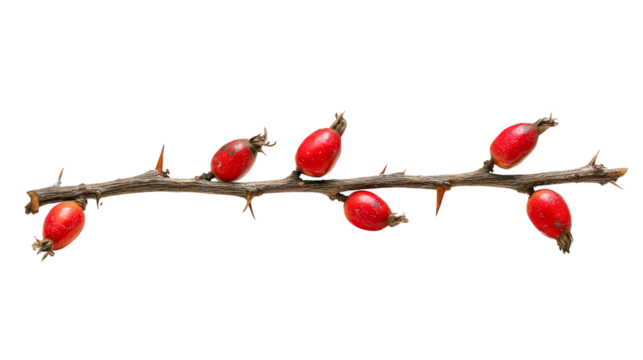 A dry thorny branch with red rose hip berries isolated on a white background, a wild rose twig for autumn decoration, a natural dog rose plant with fruit, a herbal medicine ingredient.