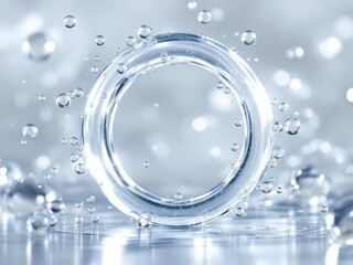 Pristine transparent ring with water drops and liquid ripples