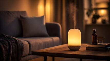 Cozy Evening Ambiance with Warm Glowing Lamp on Wooden Table.