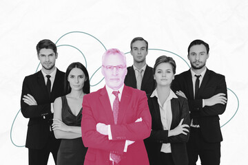 Composite image 3D collage of identical society diversity leadership boss aged man stand team behind company meeting staff businesspeople