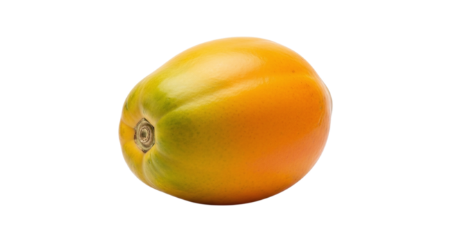 Closeup of a vibrant unripe tomato isolated on transparent background, showcasing its smooth skin, fresh green and orange hues, and unique shape