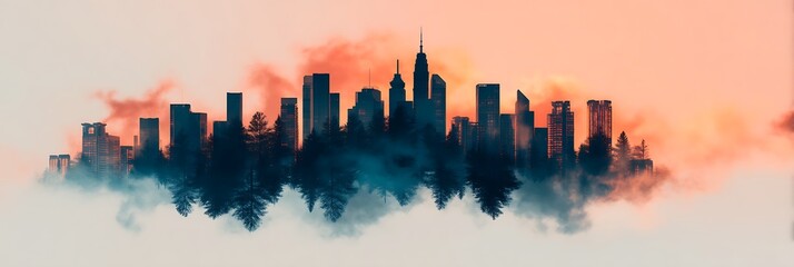 A silhouette of a city skyline emerges from a misty forest backdrop, illuminated by a colorful sunset sky.